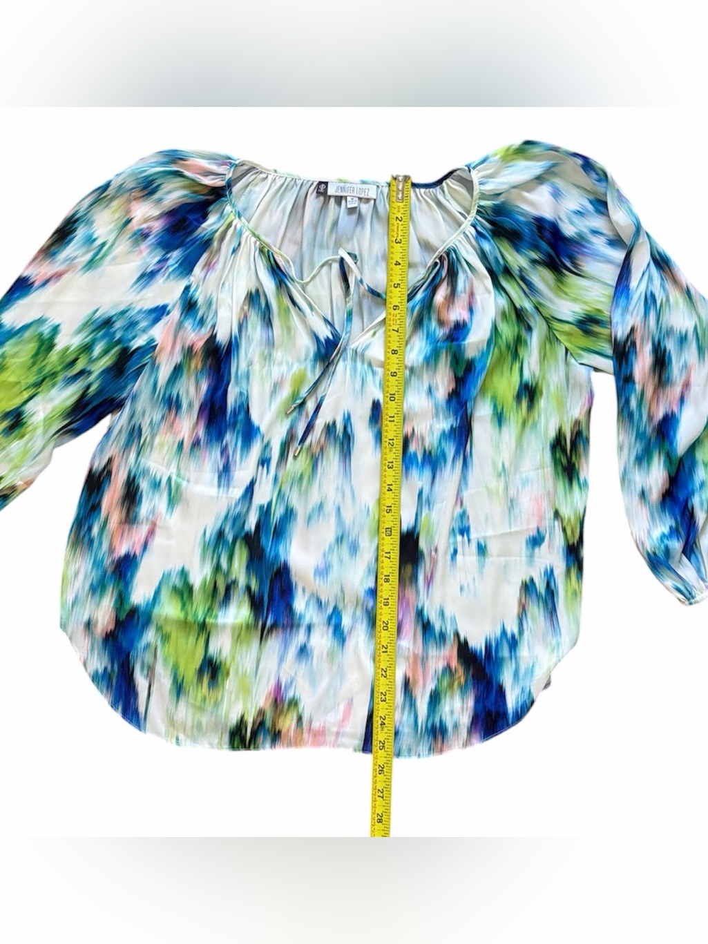 Jennifer Lopez Women’s M Abstract Watercolor Chiffon Tie Keyhole Peasant Blouse — image 2 of 8